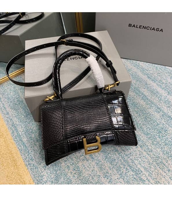 Balenciaga Black Original Croc/Snake/Lizard Veins Calfskin Golden Metal 19cm Hourglass Bag