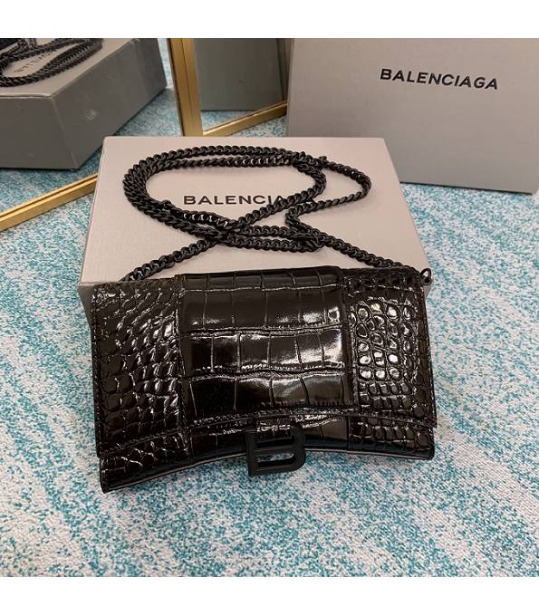Balenciaga Black Original Croc Veins Leather Black Metal Wallet On Chain Hourglass Bag