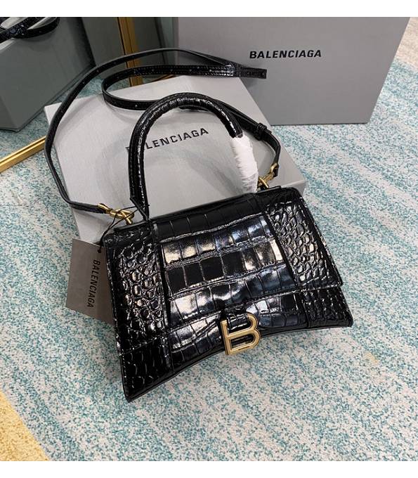 Balenciaga Black Original Croc Veins Leather Golden Metal 23cm Hourglass Bag