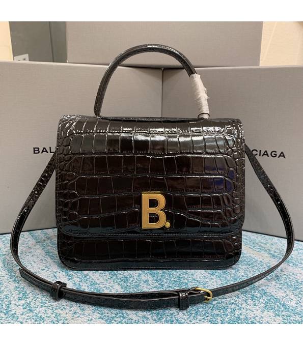 Balenciaga Black Original Croc Veins Leather Golden Metal Top Handle Bag