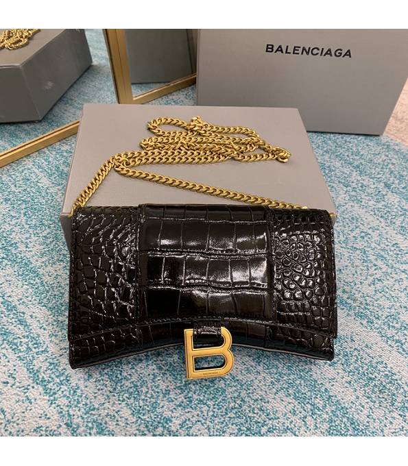 Balenciaga Black Original Croc Veins Leather Golden Metal Wallet On Chain Hourglass Bag