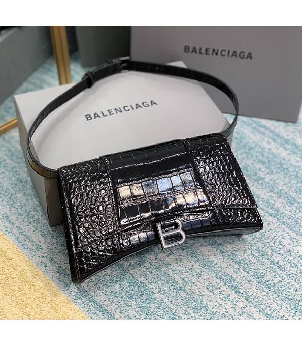 Balenciaga Black Original Croc Veins Leather Silver Metal 25cm Hourglass Belt Shoulder Bag