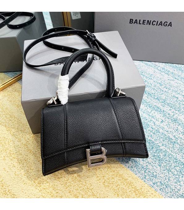 Balenciaga Black Original Litchi Veins Calfakin Leather Silver Buckle 19cm Hourglass Bag