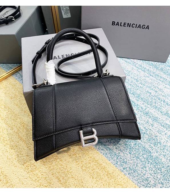 Balenciaga Black Original Litchi Veins Calfakin Leather Silver Buckle 23cm Hourglass Bag