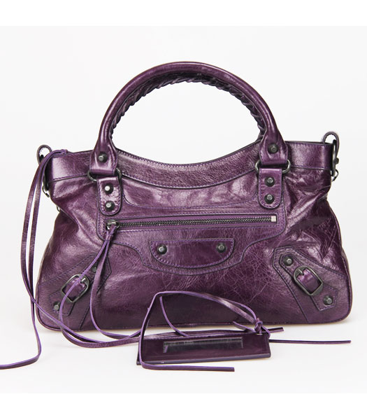 Balenciaga City Small Bag Purple Blue Oil Leather Copper Nails