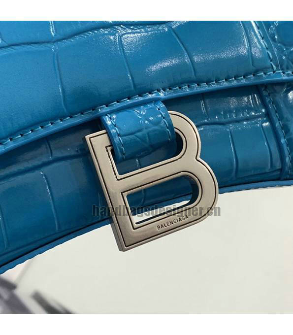 Balenciaga Electric Blue Original Croc Veins Calfskin Leather Silver Metal 19cm Hourglass Bag-6