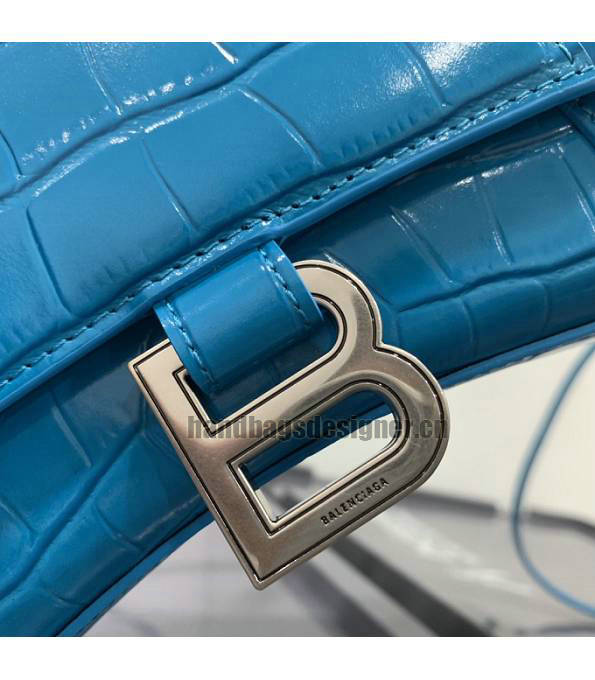 Balenciaga Electric Blue Original Croc Veins Calfskin Leather Silver Metal 23cm Hourglass Bag-6