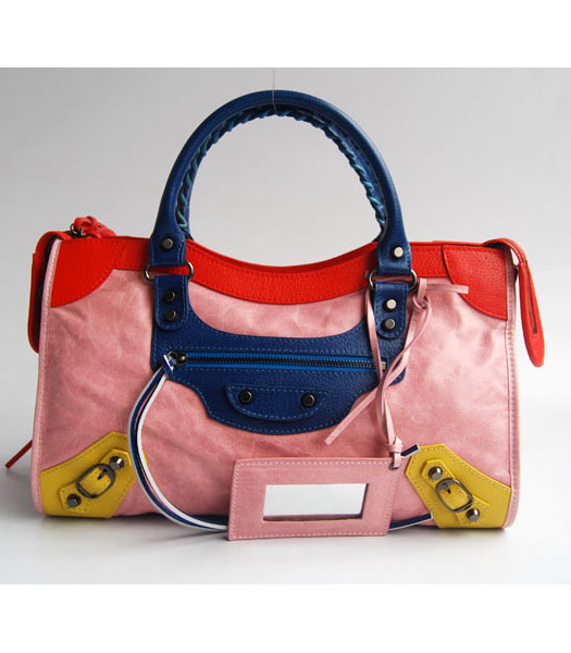 Balenciaga Giant City Bag Pink with Red/Blue/Yellow