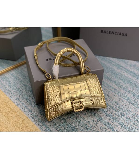 Balenciaga Golden Original Croc Veins Calfskin Leather Golden Metal 19cm Hourglass Bag