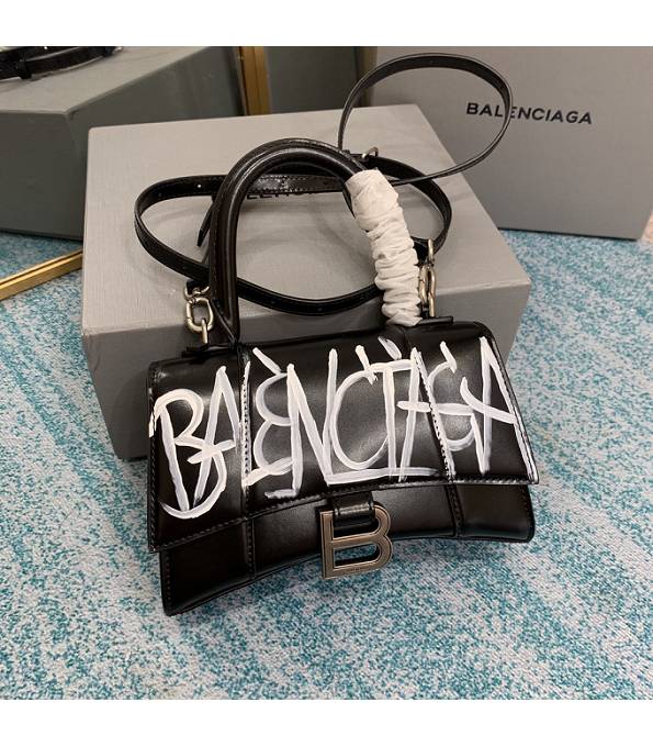 Balenciaga Graffiti Black Original Plain Veins Calfskin Silver Metal 19cm Hourglass Bag
