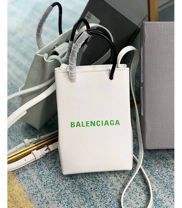 Balenciaga Green Logo White Original Calfskin Leather XXS Shopping Tote Bag
