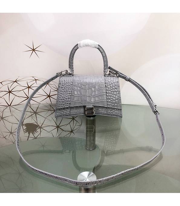 Balenciaga Grey Original Croc Veins Calfakin Leather Silver Buckle 23cm Hourglass Bag