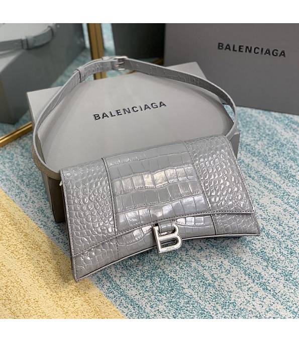 Balenciaga Grey Original Croc Veins Leather Silver Metal 25cm Hourglass Belt Shoulder Bag