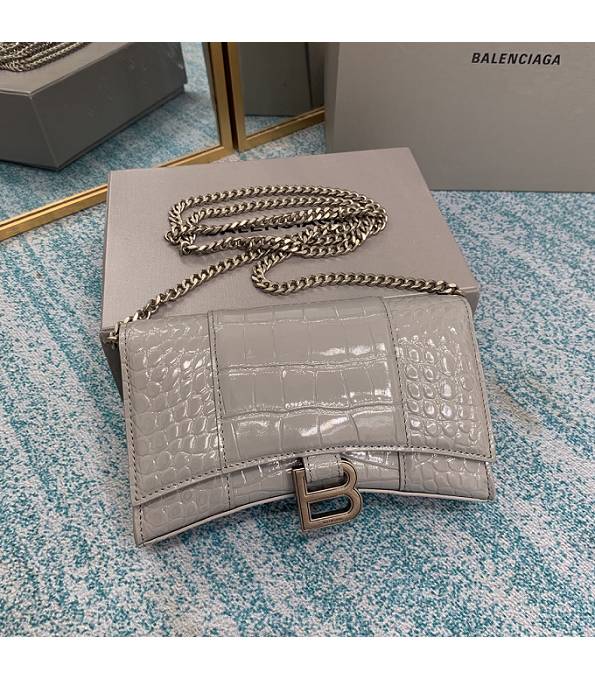 Balenciaga Grey Original Croc Veins Leather Silver Metal Wallet On Chain Hourglass Bag
