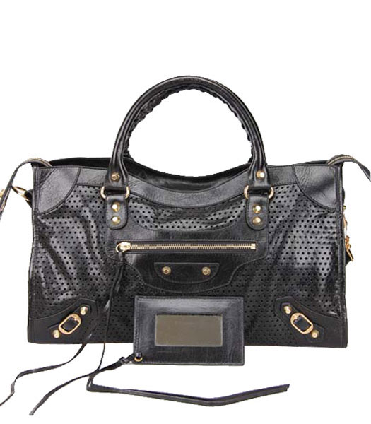 Balenciaga Handbag Imported Black Oil Leather With Golden Nails