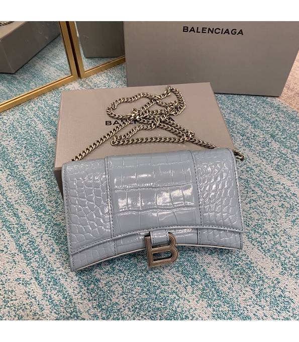 Balenciaga Haze Blue Original Croc Veins Leather Silver Metal Wallet On Chain Hourglass Bag