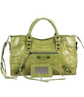 Balenciaga Italian Imported Oil Leather City Bag Green