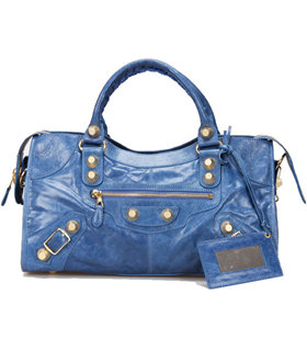 Balenciaga Large Part-Time Bag in Sea Blue Original Leather With Golden Nails
