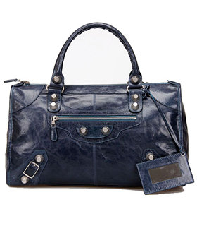 Balenciaga Le Dix Motorcycle Work Bag With Sapphire Blue Leather White Nails