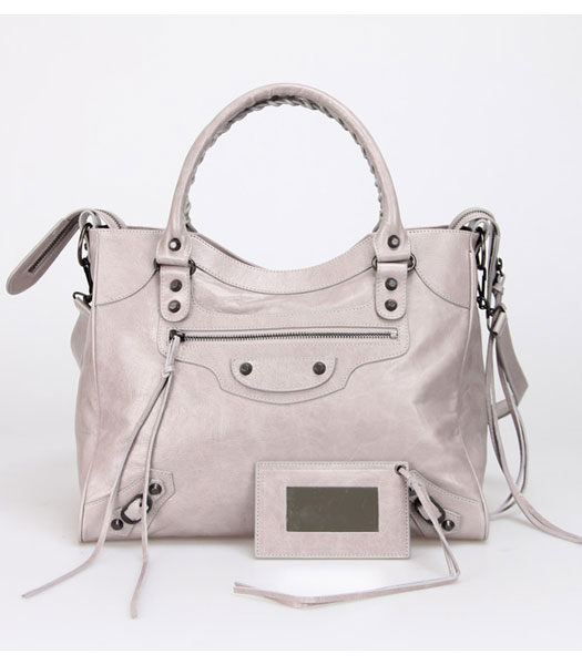 Balenciaga Medium Handbag in Light Grey Oil Leather Copper Nails