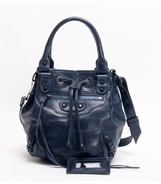 Balenciaga Mini Pompon Handbag in Dark Blue Oil Leather (Copper Nails)