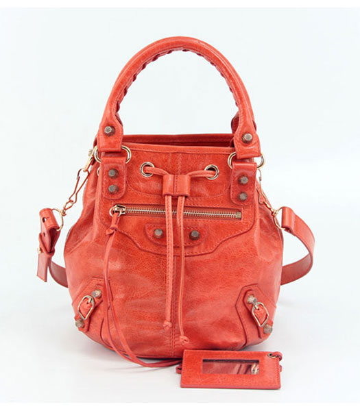 Balenciaga Mini Pompon Handbag in Light Red Oil Leather (Copper Nails)