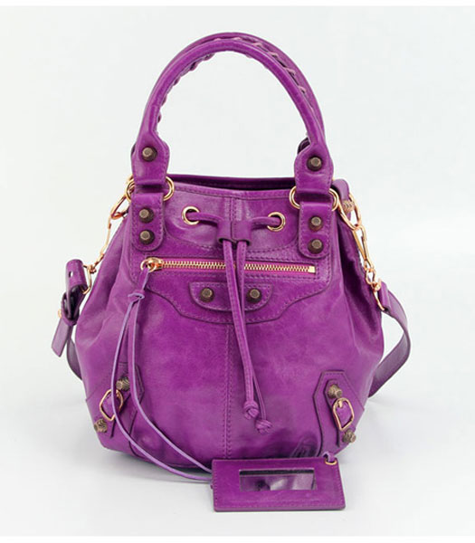 Balenciaga Mini Pompon Handbag in Middle Purple Oil Leather (Copper Nails)