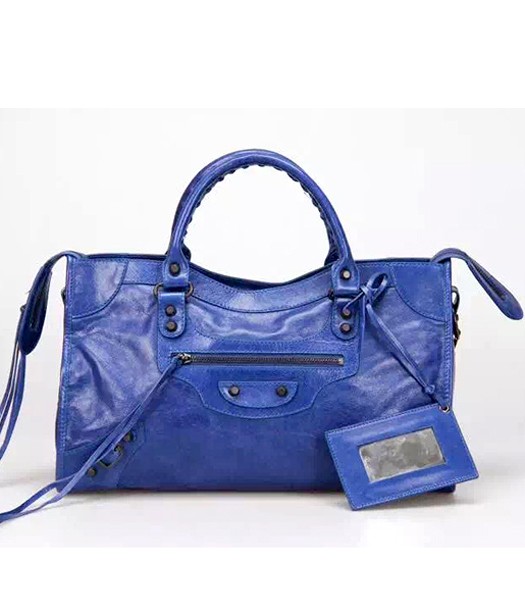 Balenciaga Motorcycle City Bag in Blue Imported Leather Gun Nails