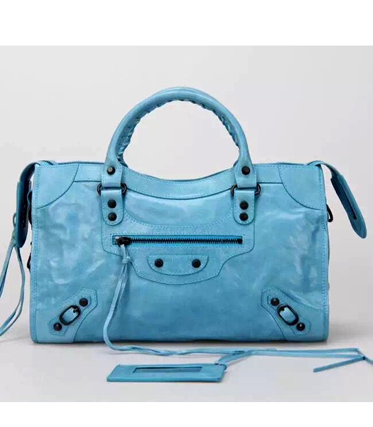 Balenciaga Motorcycle City Bag in Light Blue Imported Leather Gun Nails