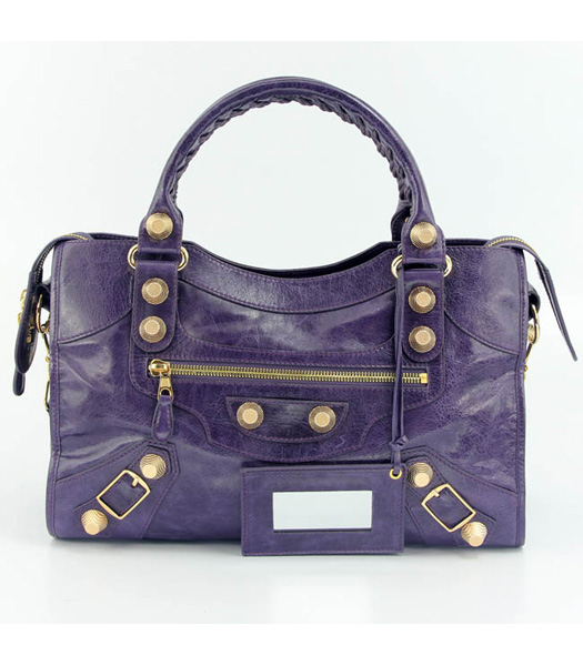 Balenciaga Motorcycle City Bag in Purple Blue Oil Leather (Gold Nails)