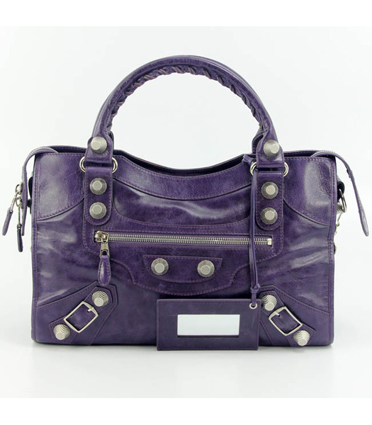 Balenciaga Motorcycle City Bag in Purple Blue Oil Leather (White Nails)