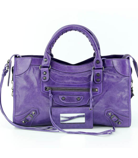 Balenciaga Motorcycle City Bag in Purple Oil Leather (Copper Nails)