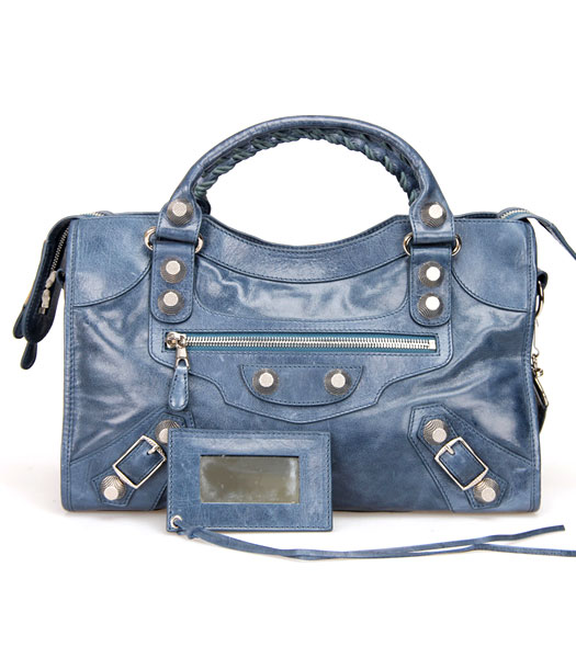 Balenciaga Motorcycle City Bag in Sapphire Blue Oil Leather Silver Nails
