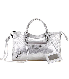 Balenciaga Motorcycle City Bag in Silver Patent Leather Small Nails