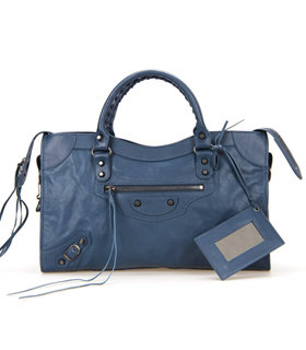 Balenciaga Motorcycle Sapphire Blue Imported Leather Tote Bag
