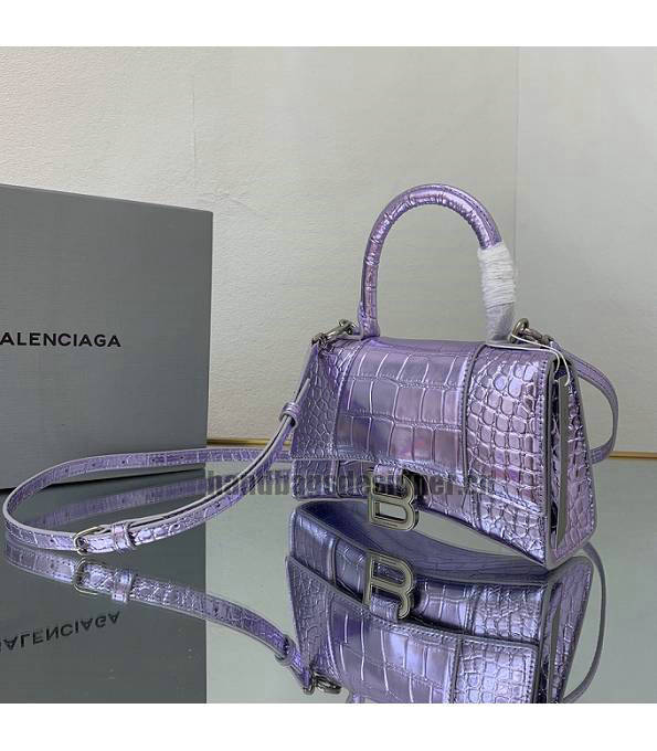 Balenciaga Purple Original Croc Veins Mirror Calfskin Silver Metal 19cm Hourglass Bag-3