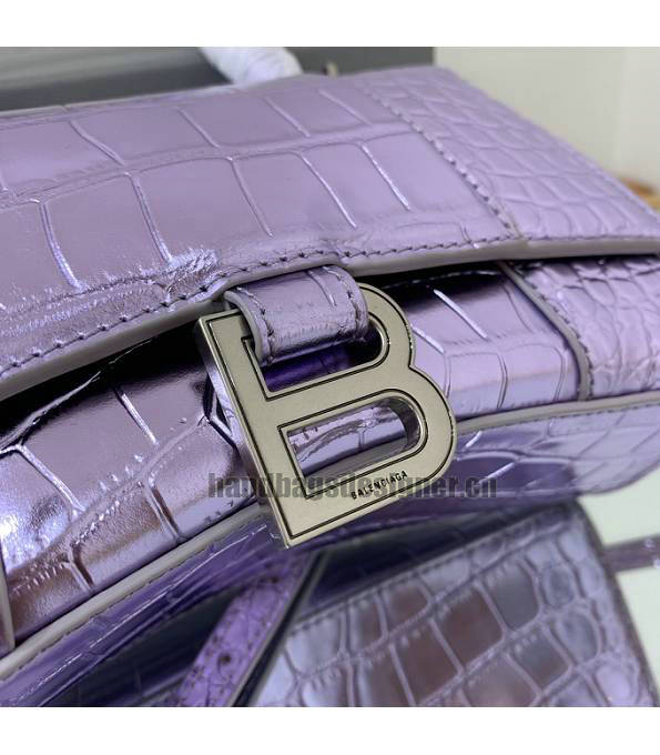 Balenciaga Purple Original Croc Veins Mirror Calfskin Silver Metal 19cm Hourglass Bag-4
