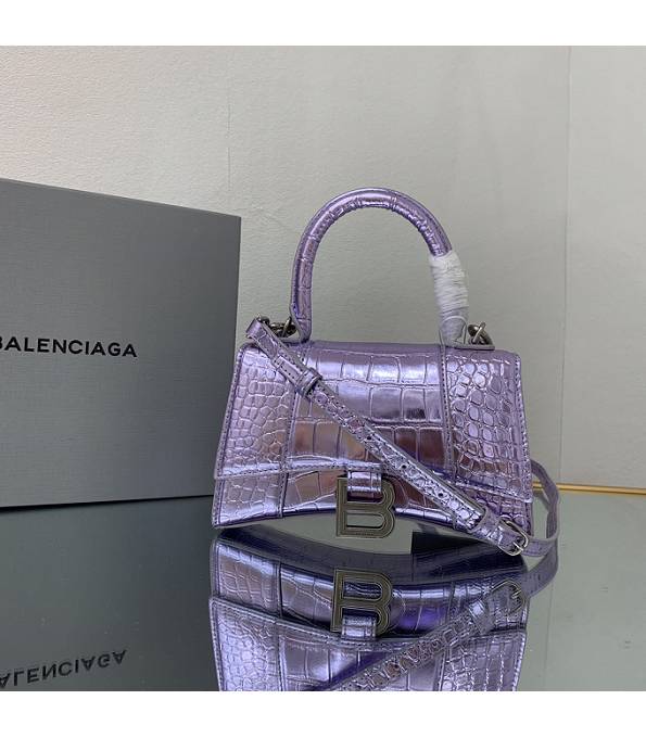 Balenciaga Purple Original Croc Veins Mirror Calfskin Silver Metal 19cm Hourglass Bag