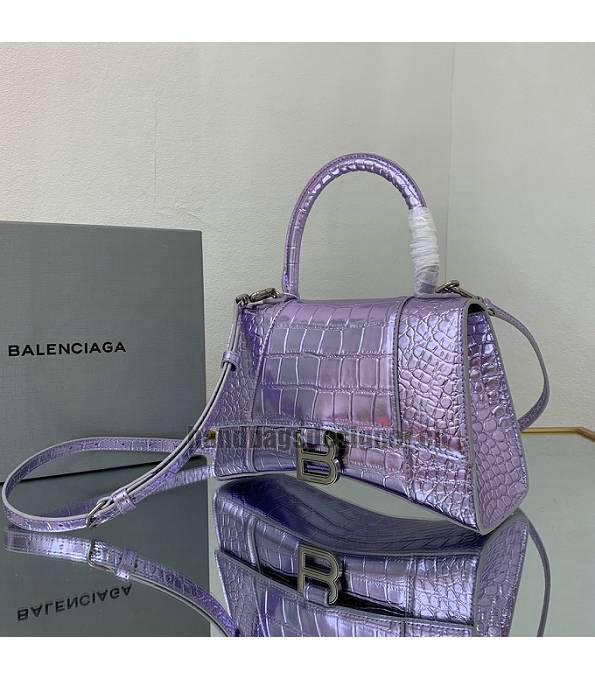 Balenciaga Purple Original Croc Veins Mirror Calfskin Silver Metal 23cm Hourglass Bag-3