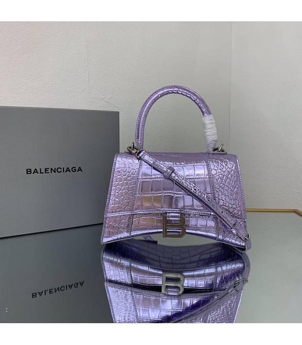 Balenciaga Purple Original Croc Veins Mirror Calfskin Silver Metal 23cm Hourglass Bag