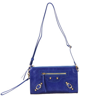 Balenciaga Sea Blue Leather Small Shoulder Evening Bag With Small Golden Nails