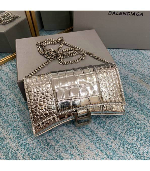 Balenciaga Silver Original Croc Veins Leather Wallet On Chain Hourglass Bag-6