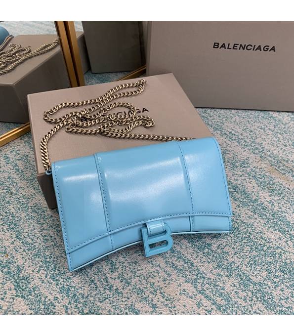 Balenciaga Sky Blue Original Plain Veins Leather Silver Metal Wallet On Chain Hourglass Bag