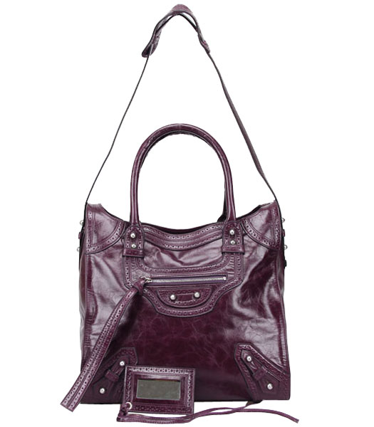 Balenciaga Velo Small Dark Purple Calfskin Leather Tote Bag