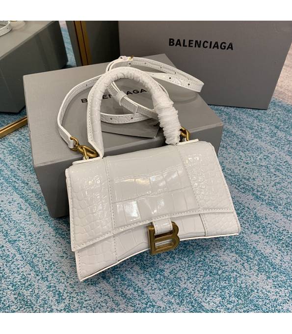 Balenciaga White Original Croc Veins Calfskin Leather Golden Metal 19cm Hourglass Bag