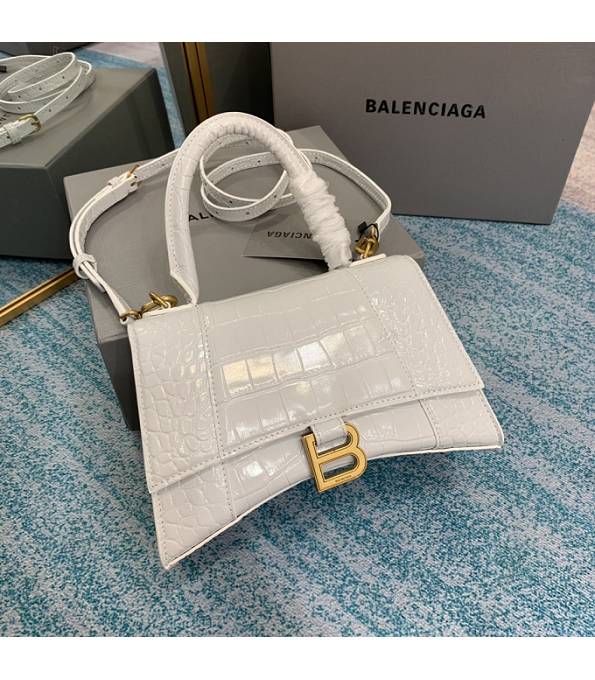 Balenciaga White Original Croc Veins Calfskin Leather Golden Metal 23cm Hourglass Bag