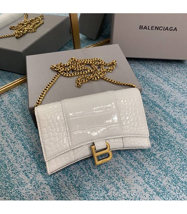 Balenciaga White Original Croc Veins Leather Golden Metal Wallet On Chain Hourglass Bag