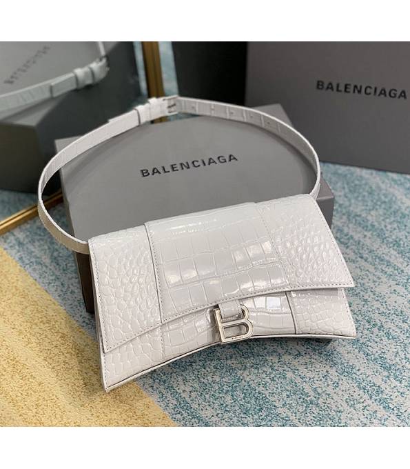 Balenciaga White Original Croc Veins Leather Silver Metal 25cm Hourglass Belt Shoulder Bag