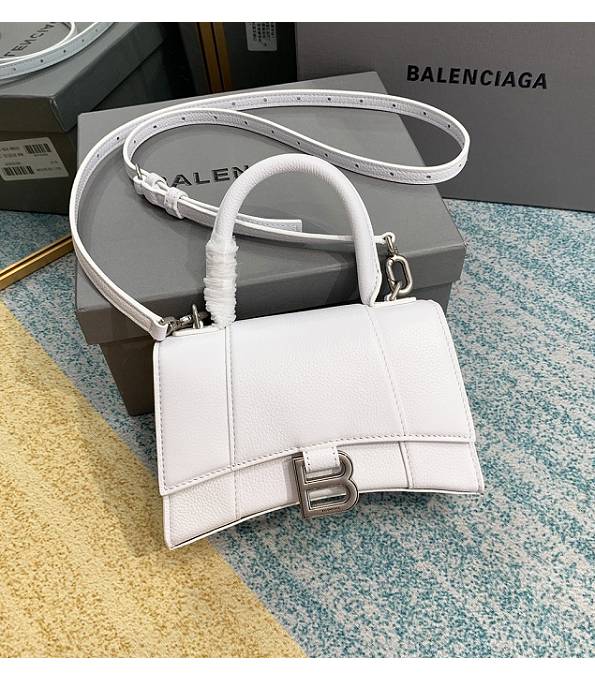 Balenciaga White Original Litchi Veins Calfakin Leather Silver Buckle 19cm Hourglass Bag