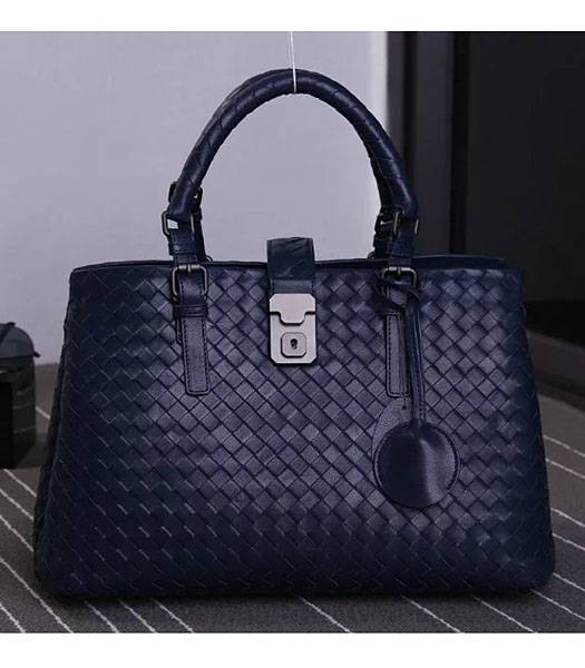Bottega Veneta Imported Sheepskin Leather Woven Tote Bag Dark Blue